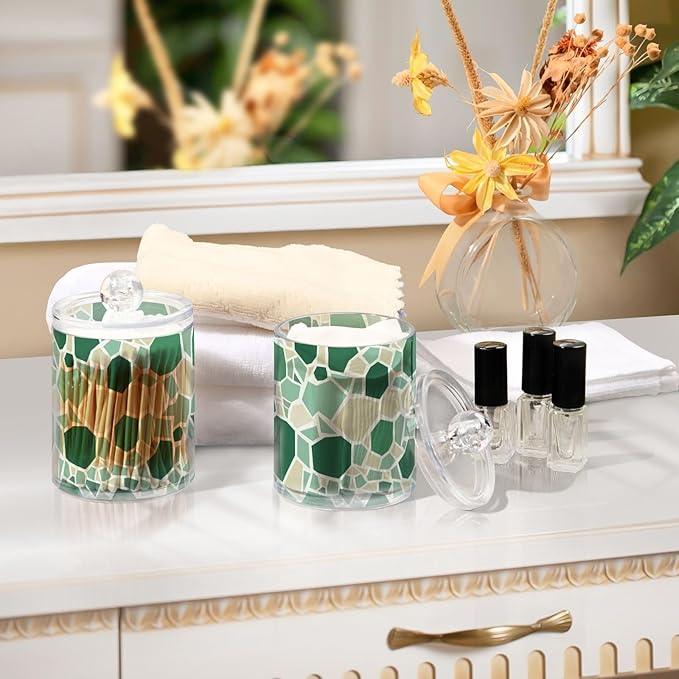 Tatenale Qtip Holder Bathroom Set Q tip Cotton Ball Swab Pad Dispenser Container Organizer Plastic Jars with Lids Storage 2Pack Monochromatic Terrazzo Green - ModernBath
