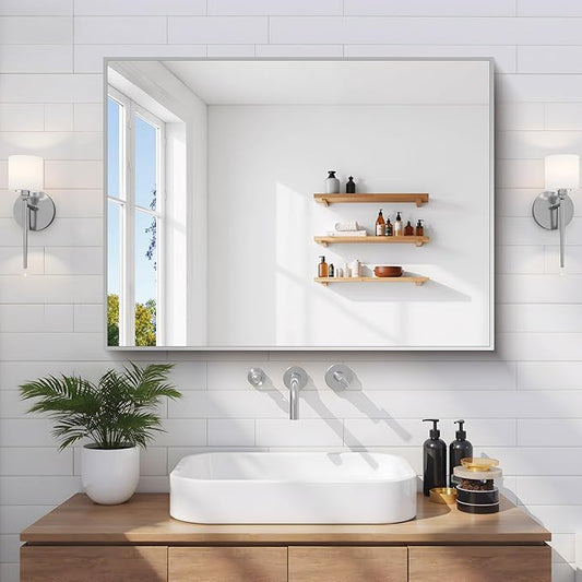 COFENY Silver Bathroom Mirror for Wall, 24x32 Inch Rectangle with Metal Frame, Modern Vanity for Bathroom Living Room, Entryway Hangs Horizontal or Vertical
