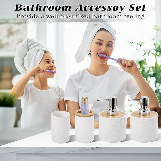 XLHOMO White Bathroom Set, White Bathroom Accessories Set with Trash Can, 2PCS Soap Dispensers, Soap Dish, Toothbrush Holder, Toothbrush Cup,Toilet Brush, Tray and Qtip Holders for Bathroom Decor - ModernBath