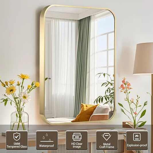 CLBA Gold Bathroom Mirror, 20x30 Inch Brushed Gold Mirror, Aluminum Alloy Framed Vanity Mirror, Rounded Rectangle Bathroom Mirror for Over Sink, Anti-Rust Wall Mirror (Horizontally or Vertically) - ModernBath