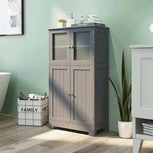 Tangkula Bathroom Floor Cabinet, Freestanding Storage Cabinet w/Glass Doors, Wood Kitchen Cupboard w/Adjustable Shelf, Bathroom Storage for Hallway Living Room Office (Cabinets, Grey) - ModernBath