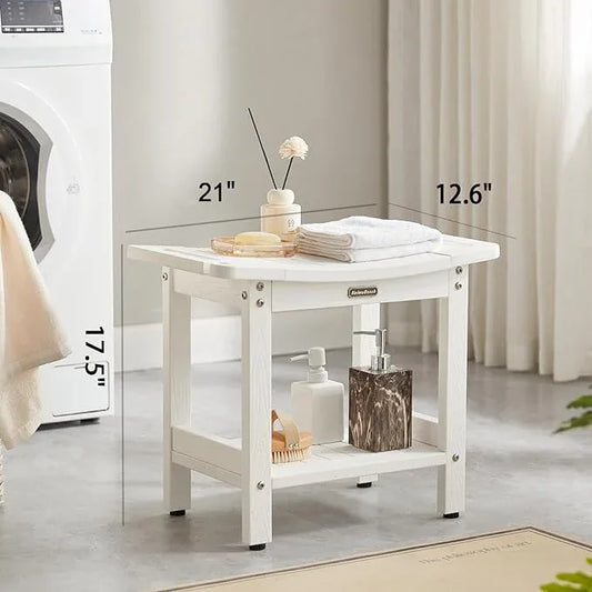 Waterproof Shower Bench, White Poly Shower Stool for Shaving Legs, Shower Chair Seat with Handles & Shower Head Holder, Plastic Bathroom Bench with Adjustable Feet for Inside Shower, Non-Slip - ModernBath