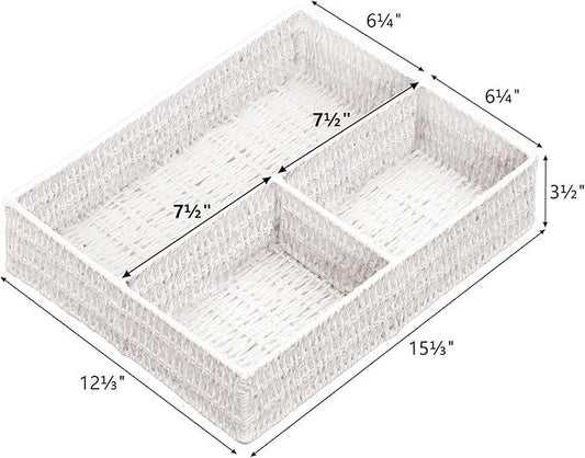 Vagusicc Wicker Divided Storage Basket, White Wicker Baskets, Basket for Shelves Drawer Organizing, 3 Section Rectangular Woven Storage Baskets, 2-Pack - ModernBath