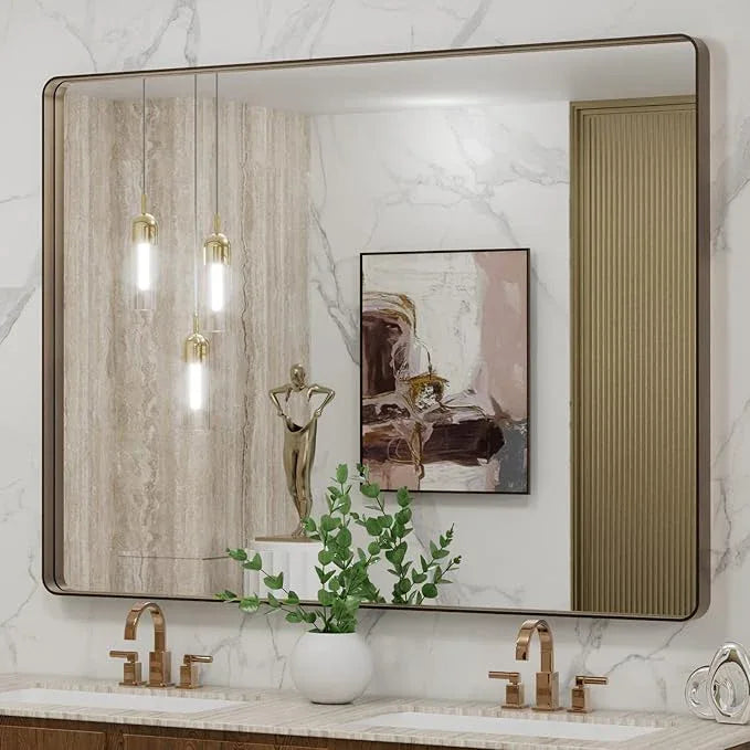 LOAAO 48”X36” Bronze Bathroom Mirrors for Vanity, Rounded Rectangle Brushed Bronze Metal Frame Mirror, Anti-Rust, Tempered Glass, Hangs Horizontally or Vertically - ModernBath