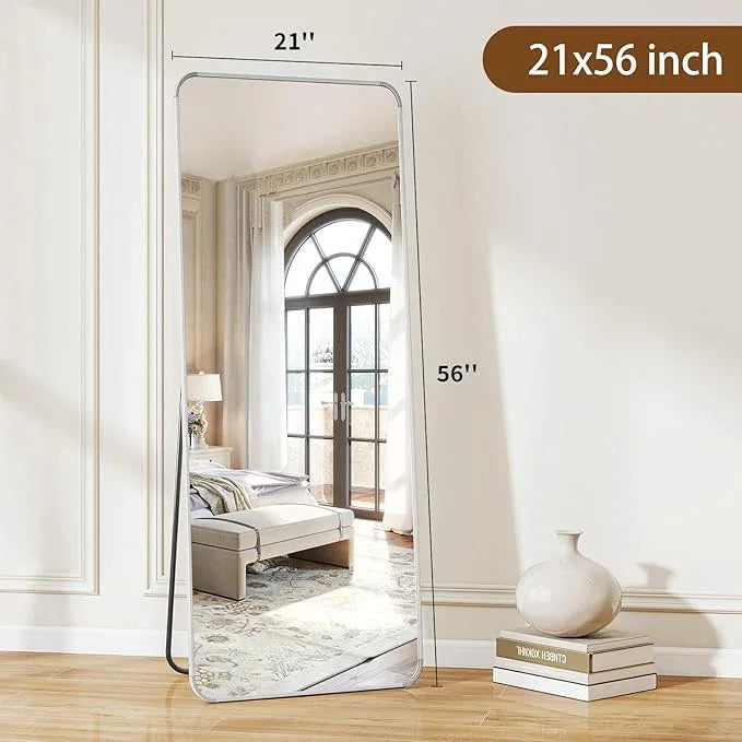 BEAUTYPEAK Silver Full Length Mirror, 56"x21" Rounded Corner Floor Mirror Standing Hanging or Leaning Against Wall, Suitable for Bedroom or Dressing Room - ModernBath