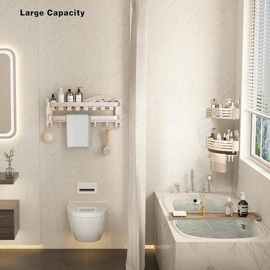 VOLPONE Corner Shower Caddy Suction Cup Shower Shelf Corner No Drilling Bathroom Shower Organizer Storage Rack Adhesive with Towel Bar Hooks(3-Pack, Ivory) - ModernBath