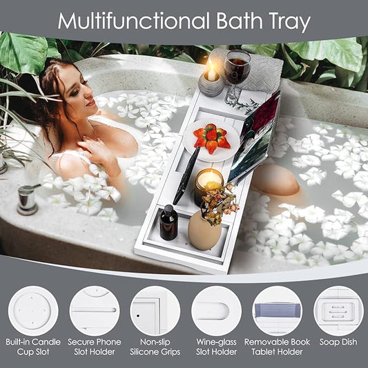 Foldable Bathtub Caddy Tray, Bamboo Bath Tub Tray Table for Tub with Wine Glass Holder Book Phone Tablet Holder with Extending Sides, Adjustable Bathroom Bathtub Free Soap Holder Gift Idea (White)