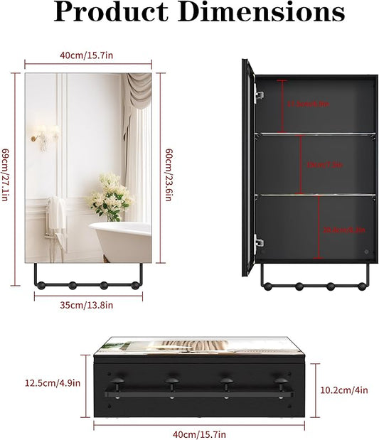 ANYHI 24"x16" Black Bathroom Cabinet with Mirror, Single Door Bathroom Wall Mirror Cabinet, 2 Adjustable Storage Organizer Shelves, 5 Removable Hooks