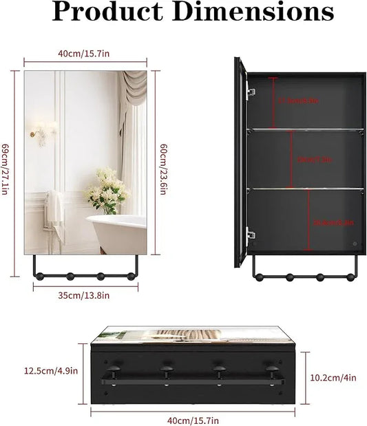 ANYHI 24"x16" Black Bathroom Cabinet with Mirror, Single Door Bathroom Wall Mirror Cabinet, 2 Adjustable Storage Organizer Shelves, 5 Removable Hooks - ModernBath