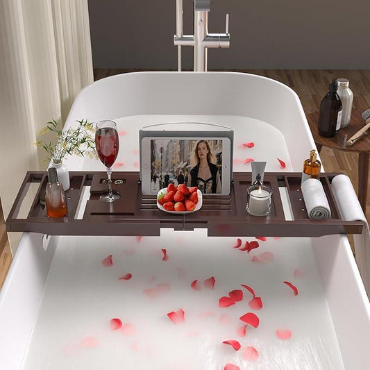 Bathtub Caddy Tray for Tub,Foldable Bath Table Trays,Bamboo Shelf with Book and Wine Glass Holder,Bathroom Accessories Suitable for Luxury Spa or Reading,Brown - ModernBath