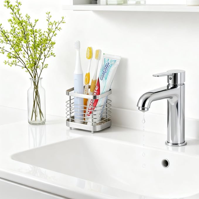 MYITYARD Toothbrush Holder for Bathroom, Stainless Steel Ventilated Electric Toothbrush & Toothpaste Holder, Modern Metal Bathroom Toothbrush Organizer, Bathroom Accessories, Silver