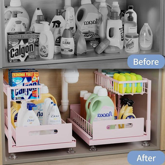 Under Sink Organizer Storage 2-Tier Premium Metal Pull-Out Racks, Height Adjustable, Heavy Dut and Easy Installation for Kitchen & Bathroom Organizers 1 Pack Pink - ModernBath