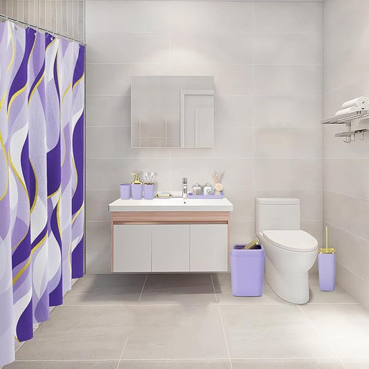 XLHOMO Purple Bathroom Accessories, Bathroom Sets with Stripe Shower Curtain, Purple and Gold Bathroom Accessories Set with Trash Can, Soap Dispenser, Soap Dish, Qtip Holders for Bathroom