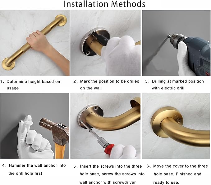 Rackickyer Shower Grab Bar, 2 Pack 32 Inch Gold Bathroom Grab Bar, 1.25" Diameter 304 Stainless Steel Anti-Slip Grab Bars for Bathtubs and Showers, Handicap Shower Grab Bar for Seniors Elderly