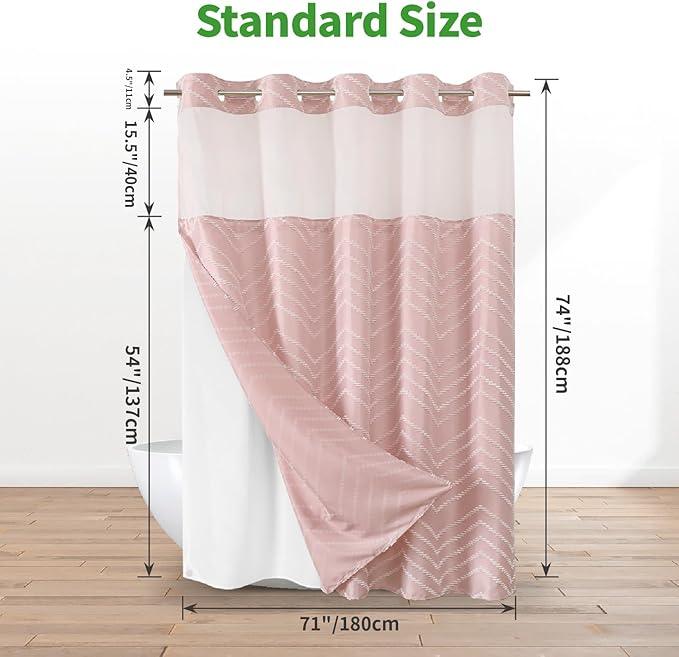 Blush Pink No Hook Shower Curtain with Snap-in Liner Set,Boho Modern Farmhouse White Tufted Chevron Striped Design,Woven Fabric Bathroom Curtain,71x74 - ModernBath