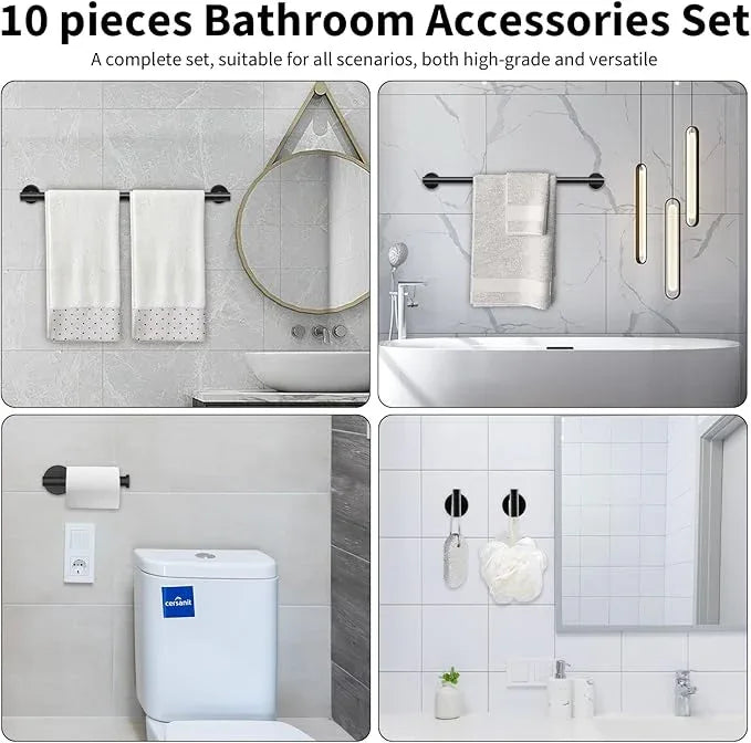 Newfun 10 Piecess Matte Black Bathroom Hardware Set - Includes 24inch Towel Bar, Robe Hook, Toilet Paper Holder, Bathroom Accessories Set Stainless Steel Wall Mounted (Matte Black) - ModernBath