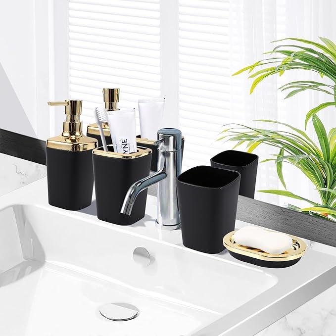 XLHOMO Black Bathroom Set, Bathroom Sets with Stripe Shower Curtain, Black and Gold Bathroom Accessories with Trash Can, Soap Dispenser, Soap Dish, Toilet Brush Holder, Qtip Holders for Bathroom - ModernBath