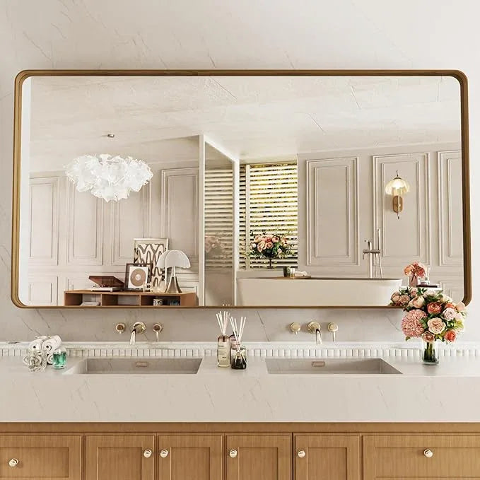 LOAAO 72X40 Inch Bathroom Mirror with Wood Grain Colored Metal Frame, Rounded Rectangle Metal Framed Bathroom Mirror, Anti-Rust, Hangs Horizontally or Vertically, Tempered Glass - ModernBath