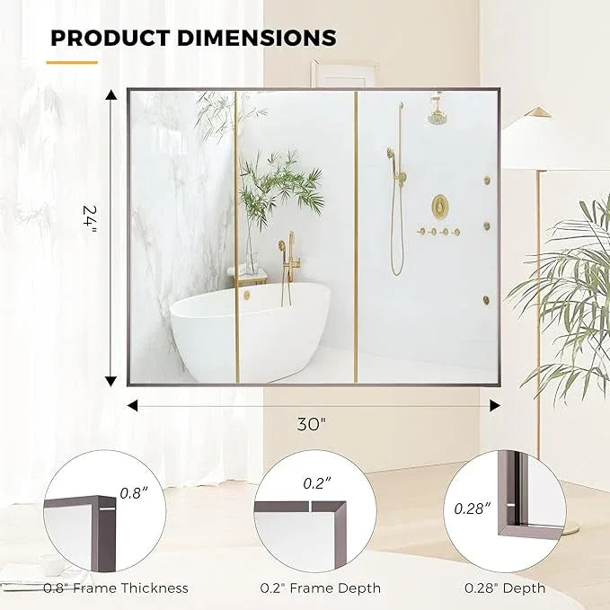 Bonverre 24x30 Inch Pewter Bathroom Mirror for Wall, Aluminum Frame Rectangle Rectangular Vanity Mirror, Modern Large for Bedroom, Living Room, Horizontal or Vertical - ModernBath