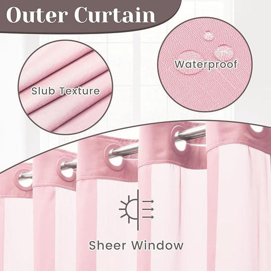 SORTTO No Hook Slub Textured Shower Curtain with Snap in Liner - Pink Fabric Outer Curtain & Waterproof Inner Liner, Hotel Style with See Through Top Window, 71x74 in - ModernBath