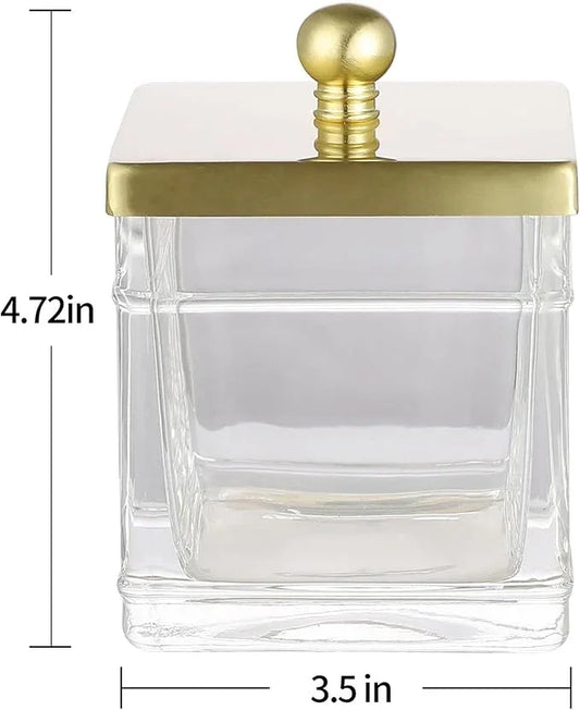 Indecor Home Glass Cotton Jar Holder 2 Pack– Brushed Gold Lid, Elegant Bathroom Storage Canister for Qtips, Cotton Balls, Floss, Makeup Organizer, Vanity & Bathroom Organization - ModernBath