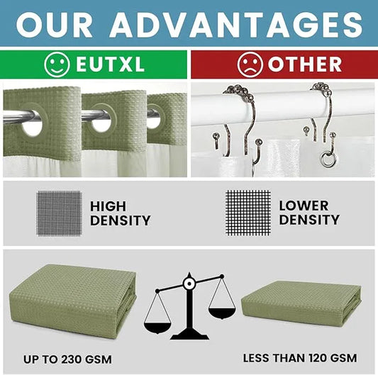 EUTXL Sage Green Hotel Shower Curtain - 230GSM Waffle Textured Heavy Duty Thick Fabric Shower Curtains for Bathroom,71W x 74H - ModernBath