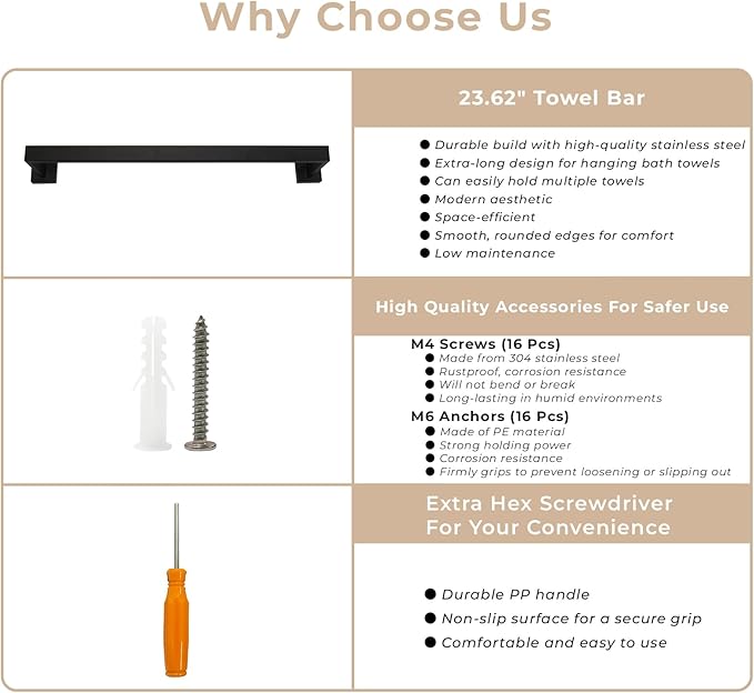 Bexarion 5 Pieces Matte Black Bathroom Hardware Accessories Set, 23.6 Inch Stainless Steel Towel Bar Set, Wall Mount Toilet Paper Holder, Towel Holder, Towel Hooks for Bathroom