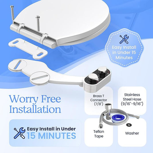 CLEAR REAR Bidet Attachment for Toilet Seat - Non-Electric, Self-Cleaning Dual Nozzle, Adjustable Water Pressure, Rear & Feminine Wash Hygienic Bathroom Upgrades - Fits Elongated Toilets (White)