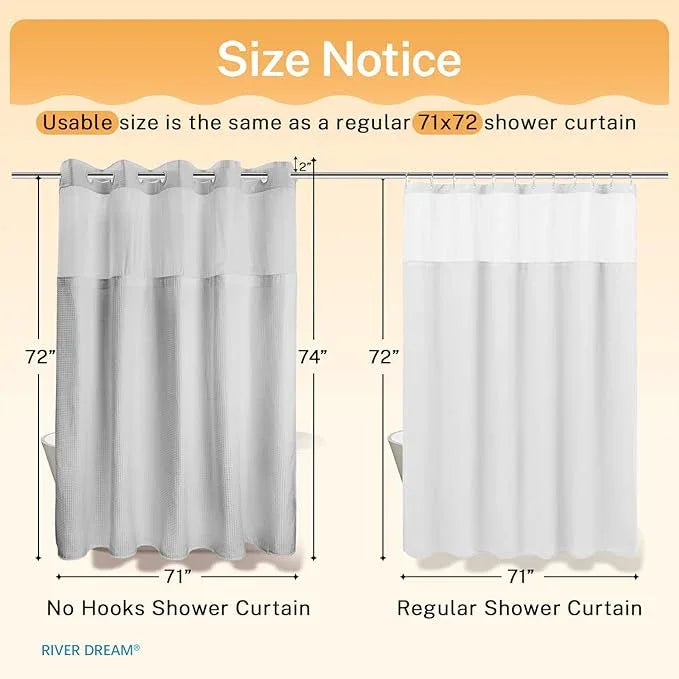 River Dream No Hooks Required Dotted Light Grey Shower Curtain with Snap in Liner - 71" W x 74" H,Hotel Grade,Spa Like Bath Curtain - ModernBath
