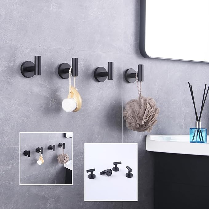 GERZWY Bathroom Matte Black Coat Hook SUS 304 Stainless Steel Towel/Robe Clothes Hook for Bath Kitchen Modern Hotel Style Wall Mounted 4 Pack AG1307B-BK