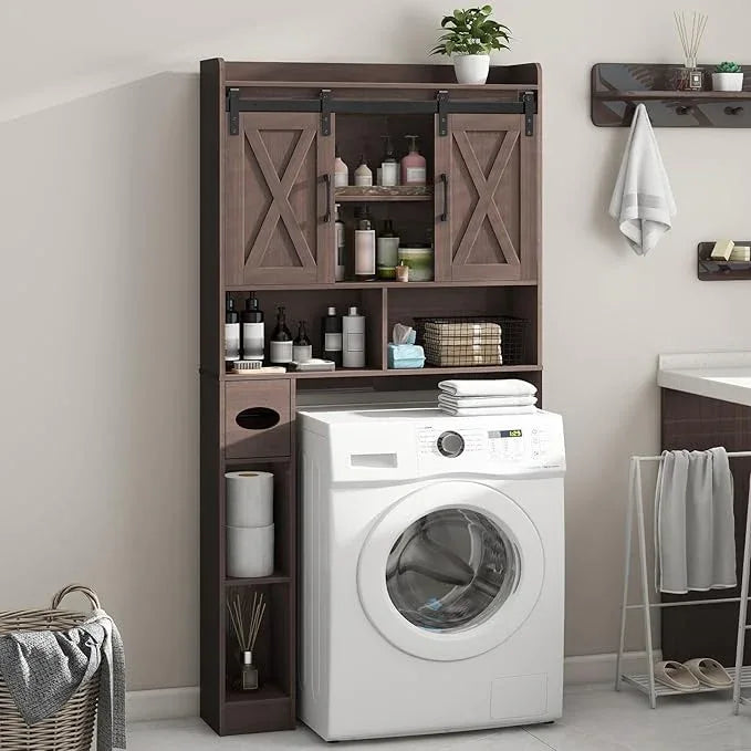 Vabches Over The Toilet Storage Cabinet, Farmhouse Storage Cabinet Over Toilet with Sliding Doors & Toilet Paper Holder Stand,Home Space-Saving Toilet Rack, for Bathroom, Laundry and Restroom - ModernBath