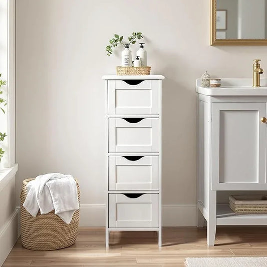 Bonnlo Skinny Bathroom Floor Storage Cabinet,White 12 Inch Wide Deep Small Storage Organizer with 4 Drawers, Wooden Modern Thin Free Standing Tower Cabinet w/ 4 Cute Drawers for Bathroom, Living Room - ModernBath