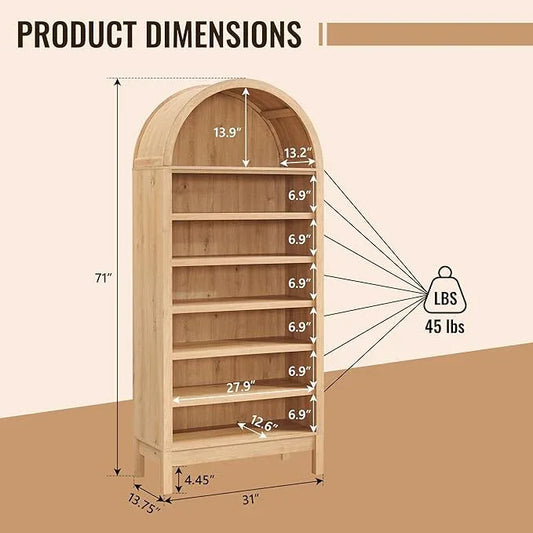 71" Tall Arched Bathroom Storage Cabinet, 7-Tier Modern Farmhouse Storage Cabinet with Adjustable Shelves, Wood Freestanding Cabinet for Bathroom, Living Room, Entryway, Hallway (Natural) - ModernBath