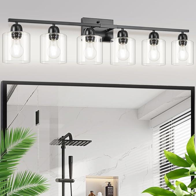 Bath Vanity Lights For Mirror, Restroom Lights Fixtures With Milky White Frosted Glass Shades,Bathroom Over Sink Light Fixtures, Bathroom Light Fixtures Over Mirror (Black with clear glass, 6-Light) - ModernBath