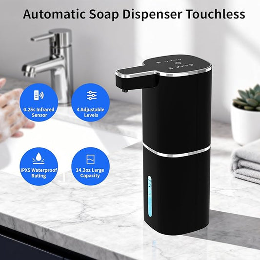Automatic Liquid Soap Dispenser, Touchless Hand Soap Dispenser, USB Rechargeable, 4 Adjustable Levels, 14.2 oz (420 ml) Large Capacity, for Bathroom, Kitchen & School (Black, Liquid)