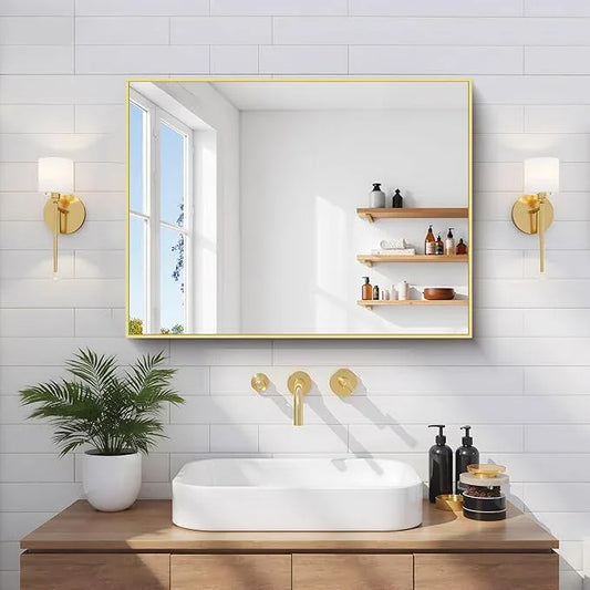 COFENY Gold Bathroom Mirror for Wall, 18x24 Inch Rectangle Mirror with Metal Frame, Modern Vanity Mirrors for Bathroom Living Room, Entryway Hangs Horizontal or Vertical - ModernBath