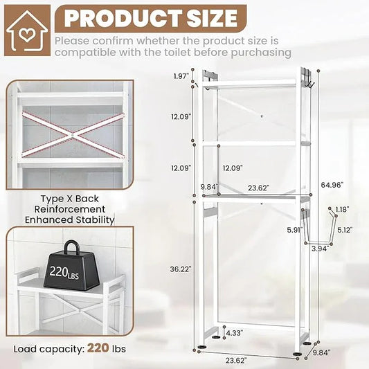ZZL Over The Toilet Storage,3-Tier,Bathroom Toilet Organizer,Multifunctional Space Saver Freestanding Bathroom Shelves with 4 Hooks,White - ModernBath