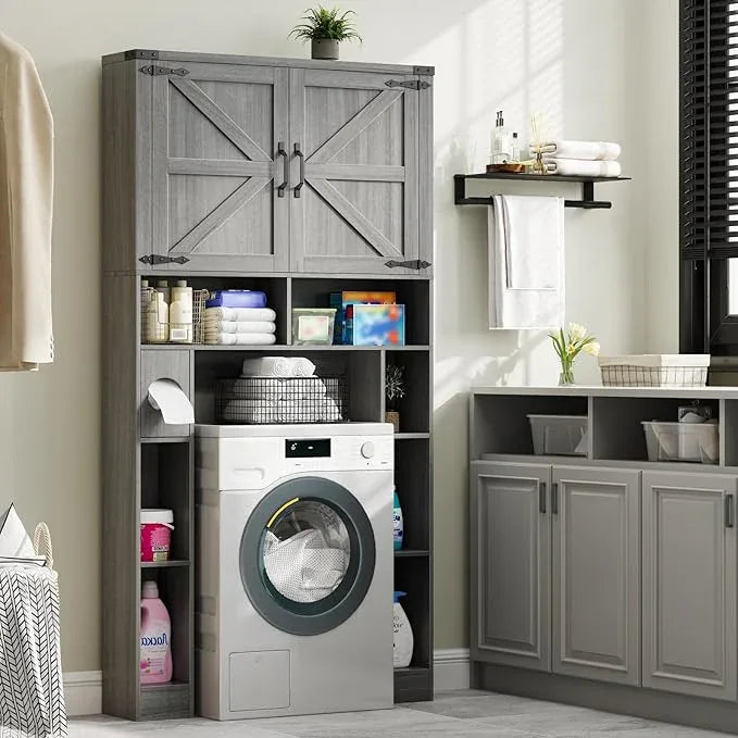 Vabches Over The Toilet Storage Cabinet, Farmhouse Storage Cabinet Over Toilet with 2 Barn Doors ,Toilet Paper Holder Stand,Home Space-Saving Toilet Rack, for Laundry, Restroom, Bathroom.Grey. - ModernBath