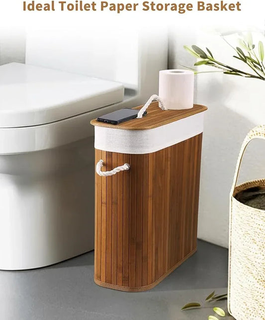 Bamboo Toilet Paper Storage with Lid & Handel, 8 Gallons (30L), Sturdy Toilet Paper Basket, Organizer for Bathroom, Kitchen, Holder with Storage, Walnut - ModernBath