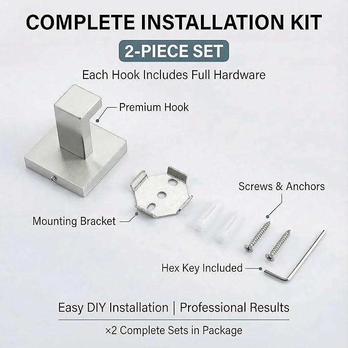 Hiuqixe Brushed Nickel Hand Towel Hook 2-Pack, Geometric Series - Stainless Steel Towel Hooks for Bathrooms, Modern Wall Mount Bath Towel Holder with Industrial SUS304 Core