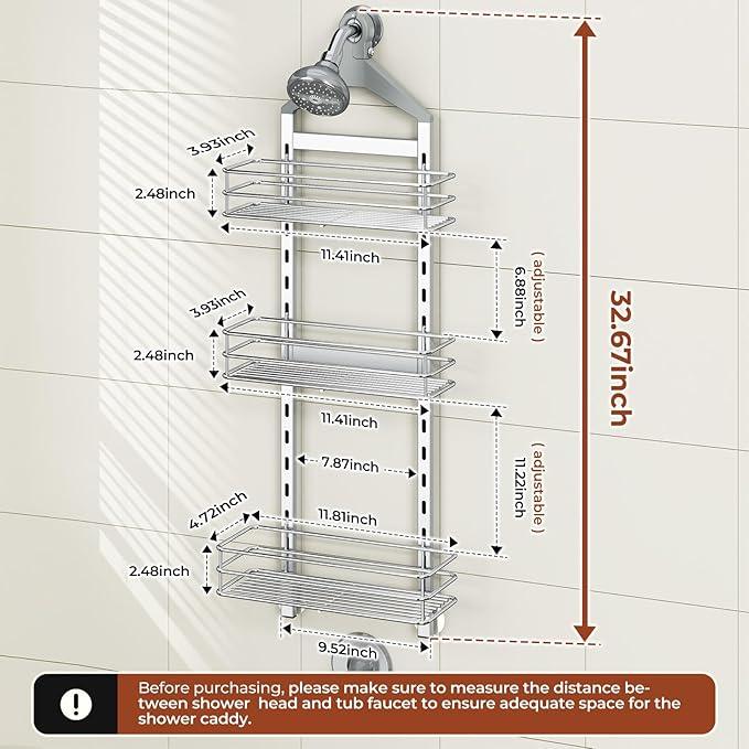 Orimade Aluminum Hanging Shower Caddy Over Head, Adjustable Anti-Slip Bathroom Shelves with Hooks, Rustproof Shower Organizer Storage Rack, Silver 3 Tier - ModernBath