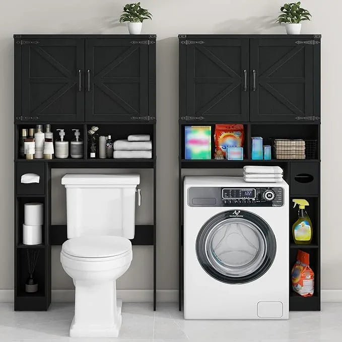 Vabches Over The Toilet Storage Cabinet, Farmhouse Storage Cabinet Over Toilet with 2 Barn Doors && Toilet Paper Holder Stand,Home Space-Saving Toilet Rack, for Laundry, Restroom, Bathroom.Pure Black - ModernBath