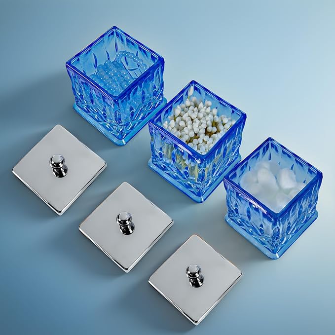 ZIVQEXMURL Qtip Holder,15Oz Blue Glass Apothecary Jars with Silver Lids for Bathroom Organization & Desk Storage,Thick Glass Apothecary Jars for Q-Tips,Cotton Rounds,Jewelry,Candy,Square