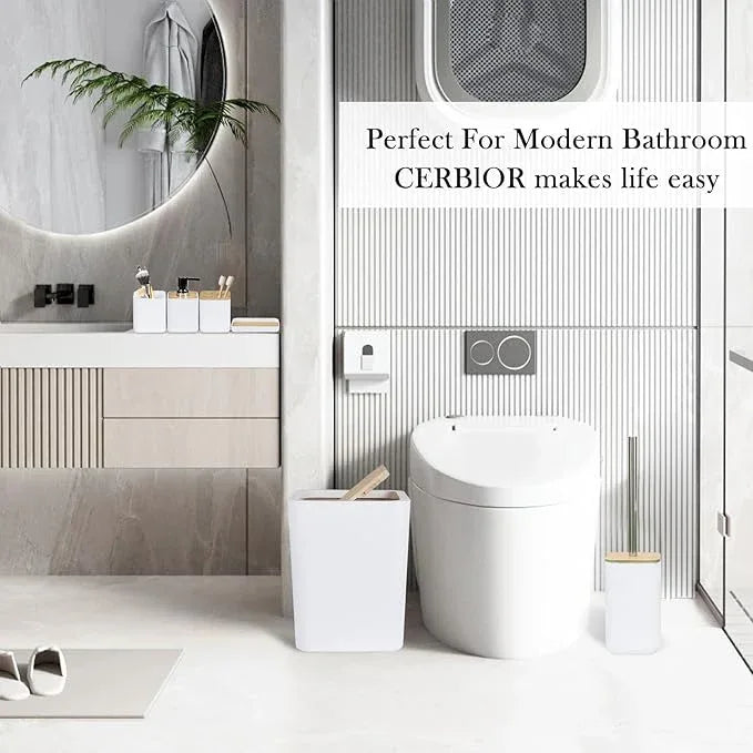 CERBIOR Bathroom Accessories Set 6 Piece Bamboo Bath Ensemble Includes Soap Dispenser, Toothbrush Holder, Toothbrush Cup, Soap Dish for Decorative Countertop and Housewarming Gift (White) - ModernBath
