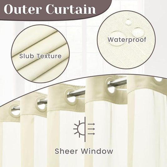 SORTTO No Hook Slub Textured Shower Curtain with Snap in Liner - Sand Fabric Outer Curtain & Waterproof Inner Liner, Hotel Style with See Through Top Window, 71x74 in - ModernBath