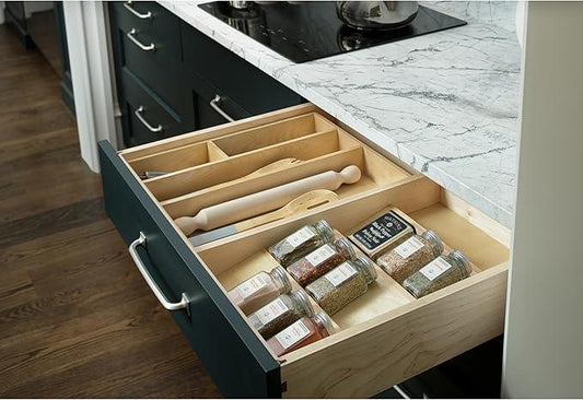 Rev-A-Shelf 16" 3 Tiered Seasoning Organizer, Trim-to-Fit Wooden Kitchen Draw and Cabinet Home Storage Insert, Pull Out Spice Rack, Maple, 4SDI-18 - ModernBath