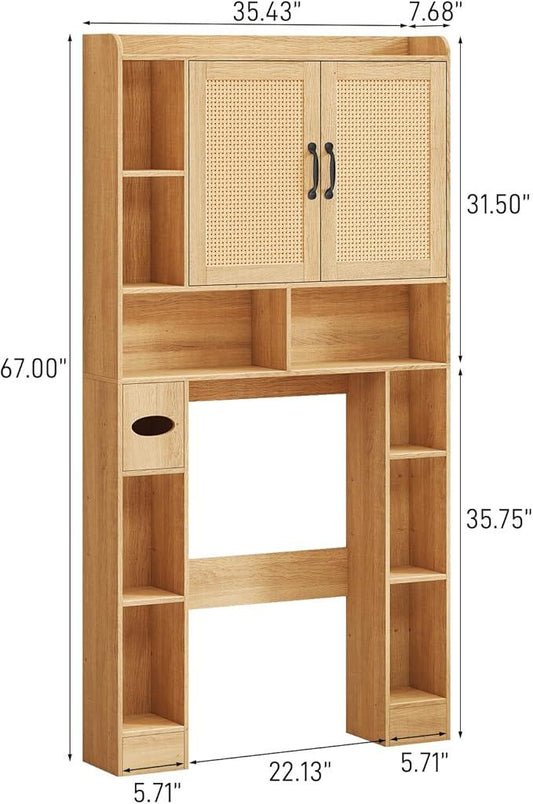 Vabches Farmhouse Style Rattan Over-The-Toilet Storage Cabinet with 2 Rattan Doors, Toilet Paper Holder - Space-Saving Oak Bathroom Organizer. - ModernBath