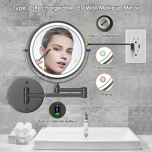 Rocollos Rechargeable Wall Mounted Lighted Makeup Mirror, 8 Inch Double-Sided LED Vanity Mirror 1X/10X Magnification,3 Color Lights Touch Screen Dimmable 360°Swivel 13 Inch Extendable - ModernBath