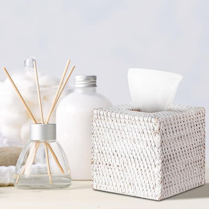 Kigley 2 Pcs Square Rattan Tissue Box Cover Boho Wicker Tissue Cube Box Cover 5.5'' x 5.5'' x 5.5'' Decorative Natural Wicker Hand Woven Napkin Box Holder Bathroom Office Car Accessories (White) - ModernBath