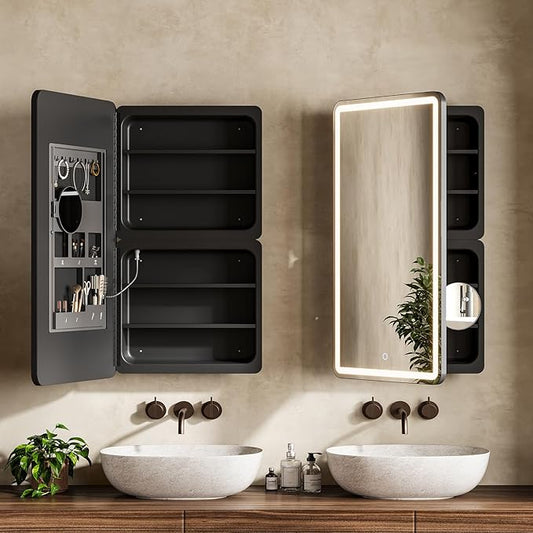 20x36 Inch LED Lighted Medicine Cabinet with Mirror for Bathroom, Wall Mounted or Recessed Mirror Cabinet with 3X Magnifying Mirror, Adjustable Storage Shelves, Modern Design